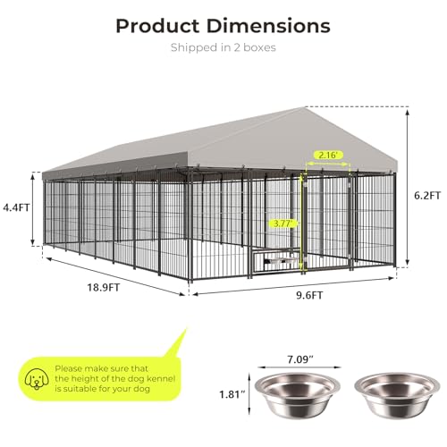 10X19FT Large Dog Kennel Outside with Feeding, Heavy Duty Outdoor Dog Run Cage with Cover & Lock, Outdoor Pet Enclosure Fence for Yard with Roof