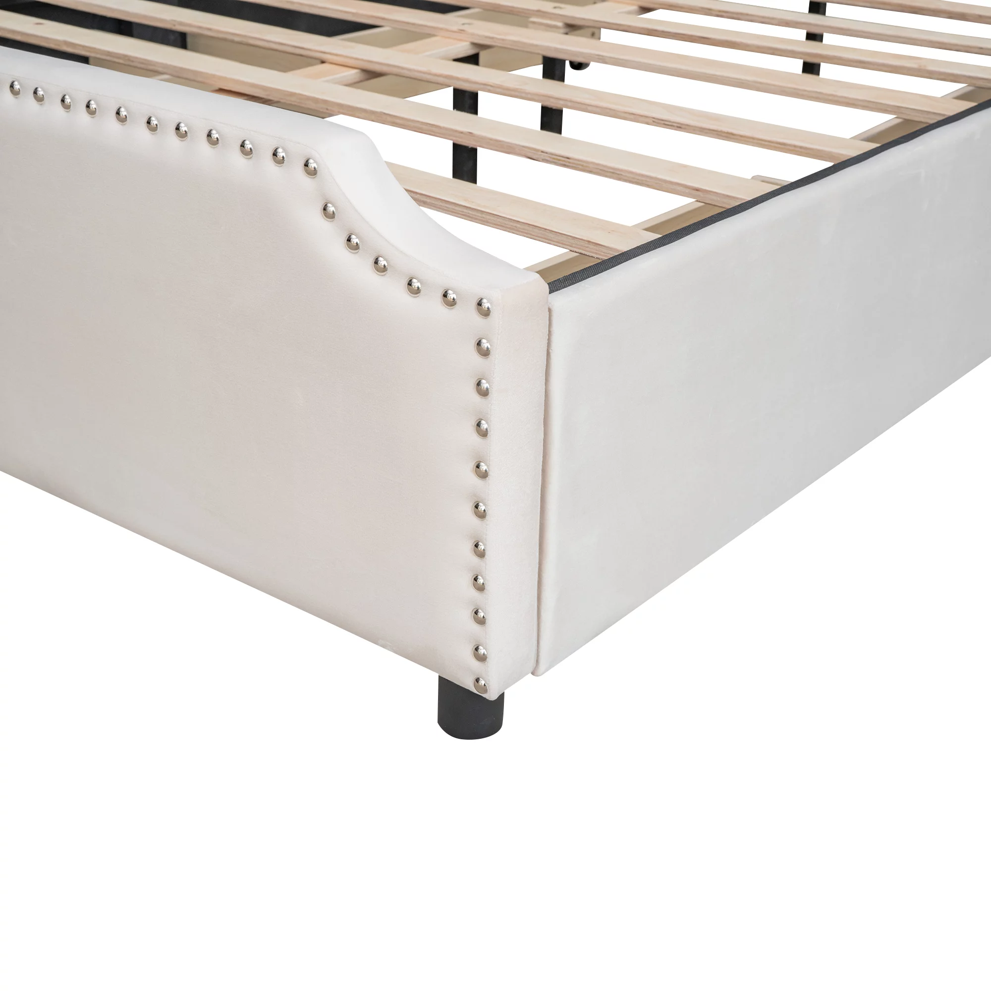Upholstered Queen Size Bed with 4 Storage Drawers,Upholstered Platform Bed Frame with Stud Trim Headboard and Footboard