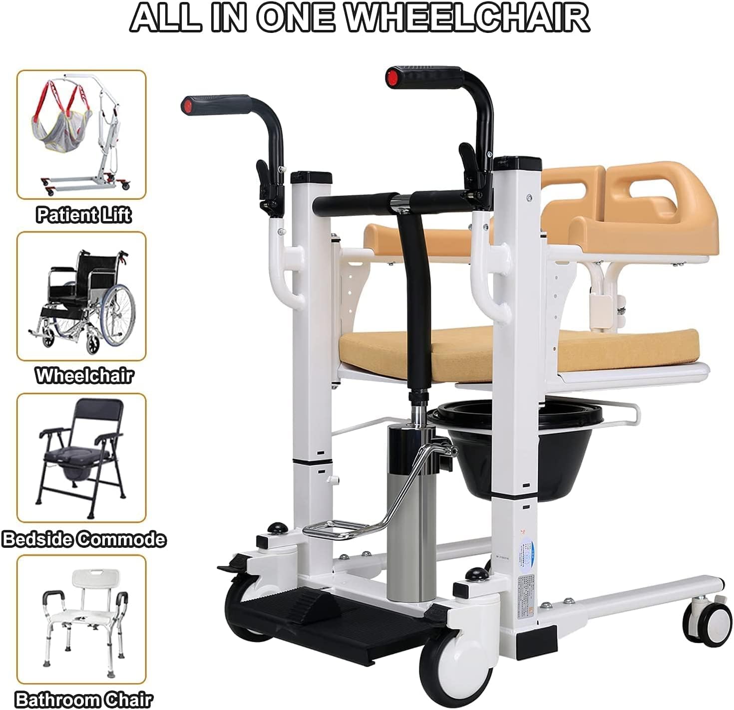 Patient Lift Lightweight Hydraulic Transfer Wheelchair for Home Use - 180° Split Seat and Bedside Commode with 290 Lb. Weight Capacity