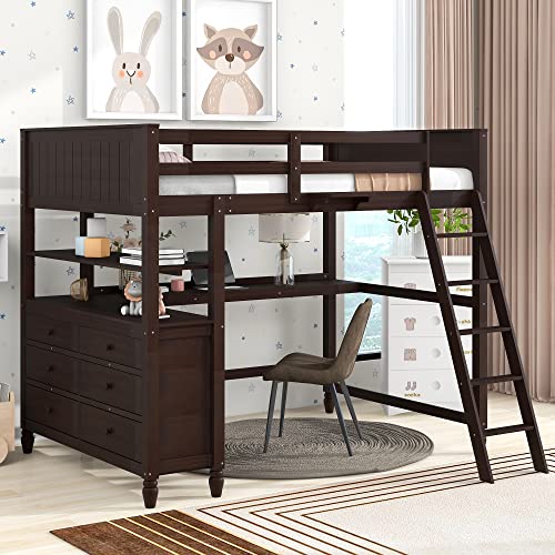 Harper & Bright Designs Full Loft Bed with Desk and Wardrobe,Solid Wood Loft Bed Frame Full with Storage Drawers for Kids Teens Adults
