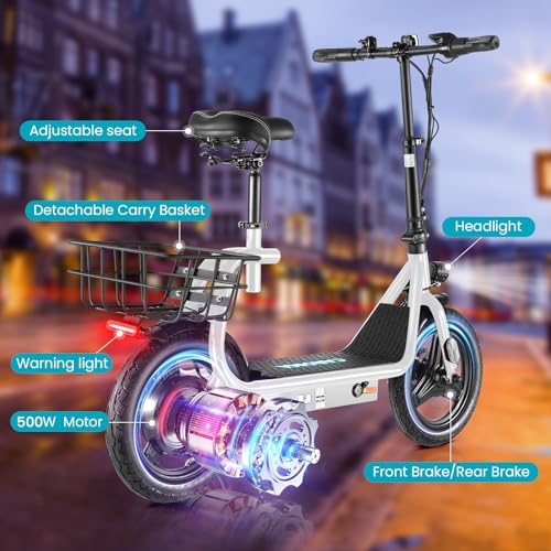 Caroma Peak 500W/800w/1200w Electric Scooters for Adults 14" Tire, 48V Battery, 30Miles Range, 20MPH Top Speed, Adjustable Electric Scooter with Seat