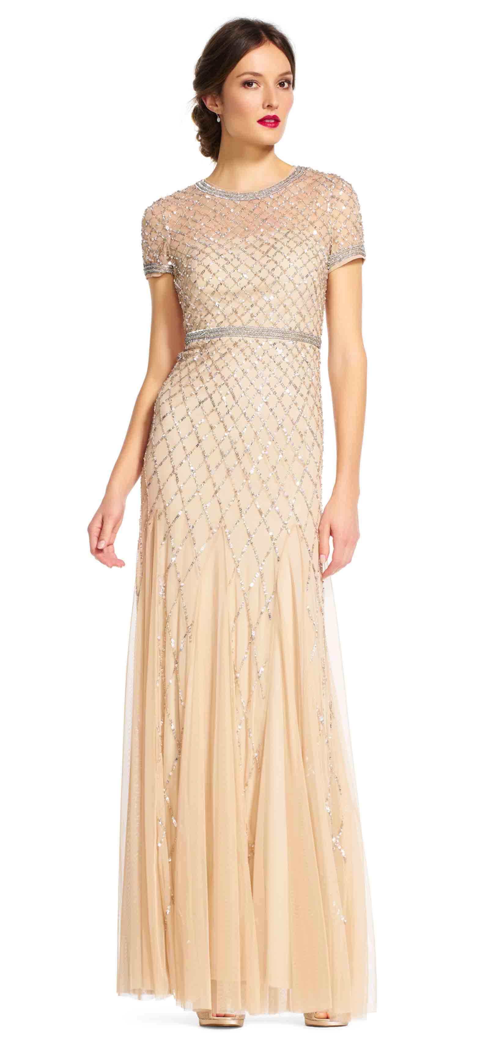 Adrianna Papell Cap Sleeve Beaded Gown Champagne (Beige) 0
