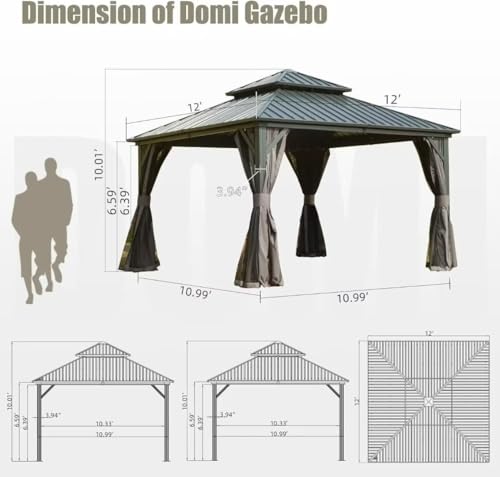 Domi 10’ x 10’ Hardtop Gazebo Metal Frame Canopy with Netting & Curtains