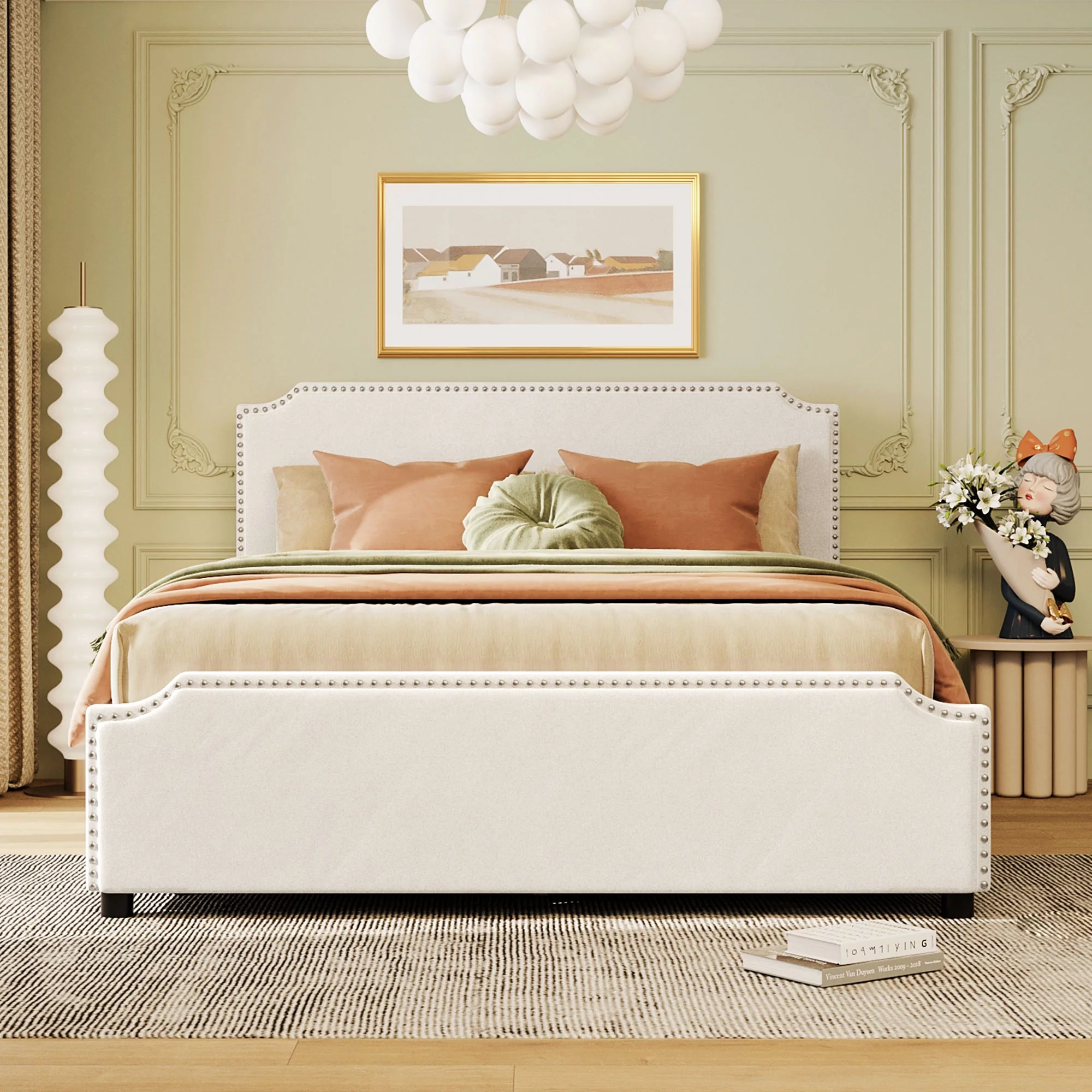 Upholstered Queen Size Bed with 4 Storage Drawers,Upholstered Platform Bed Frame with Stud Trim Headboard and Footboard