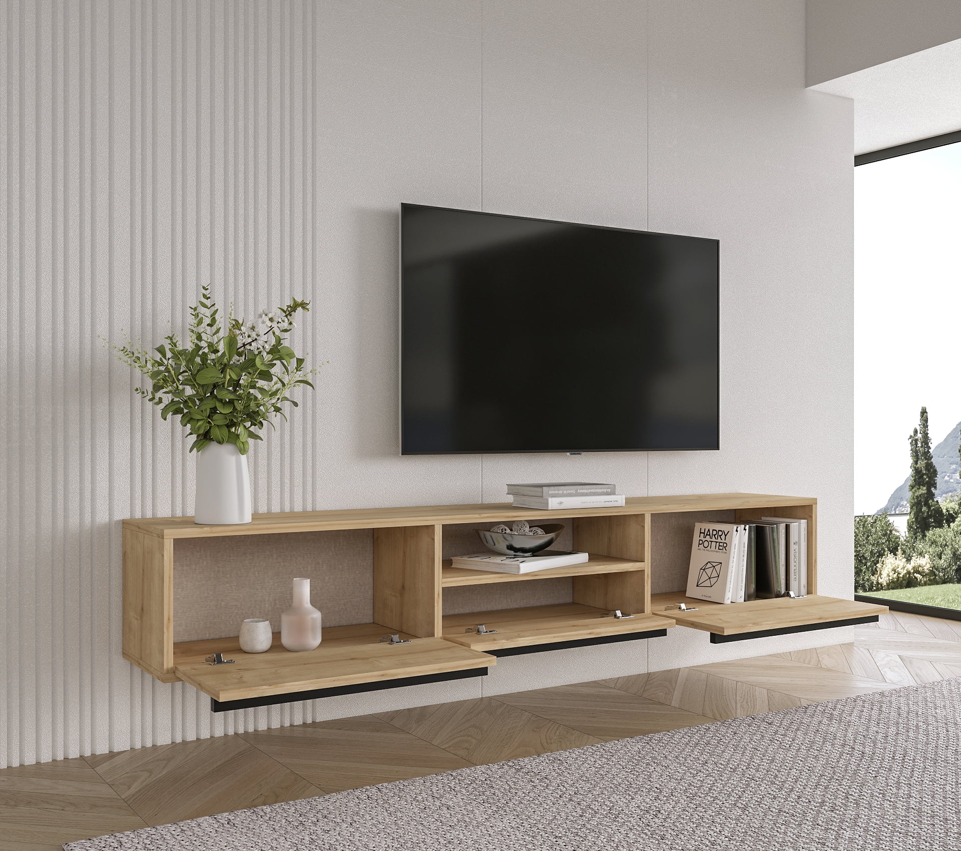 Hawana 71" Modern and Minimalist Wall Mounted Floating Entertainment Media Console Oak &Wood Black