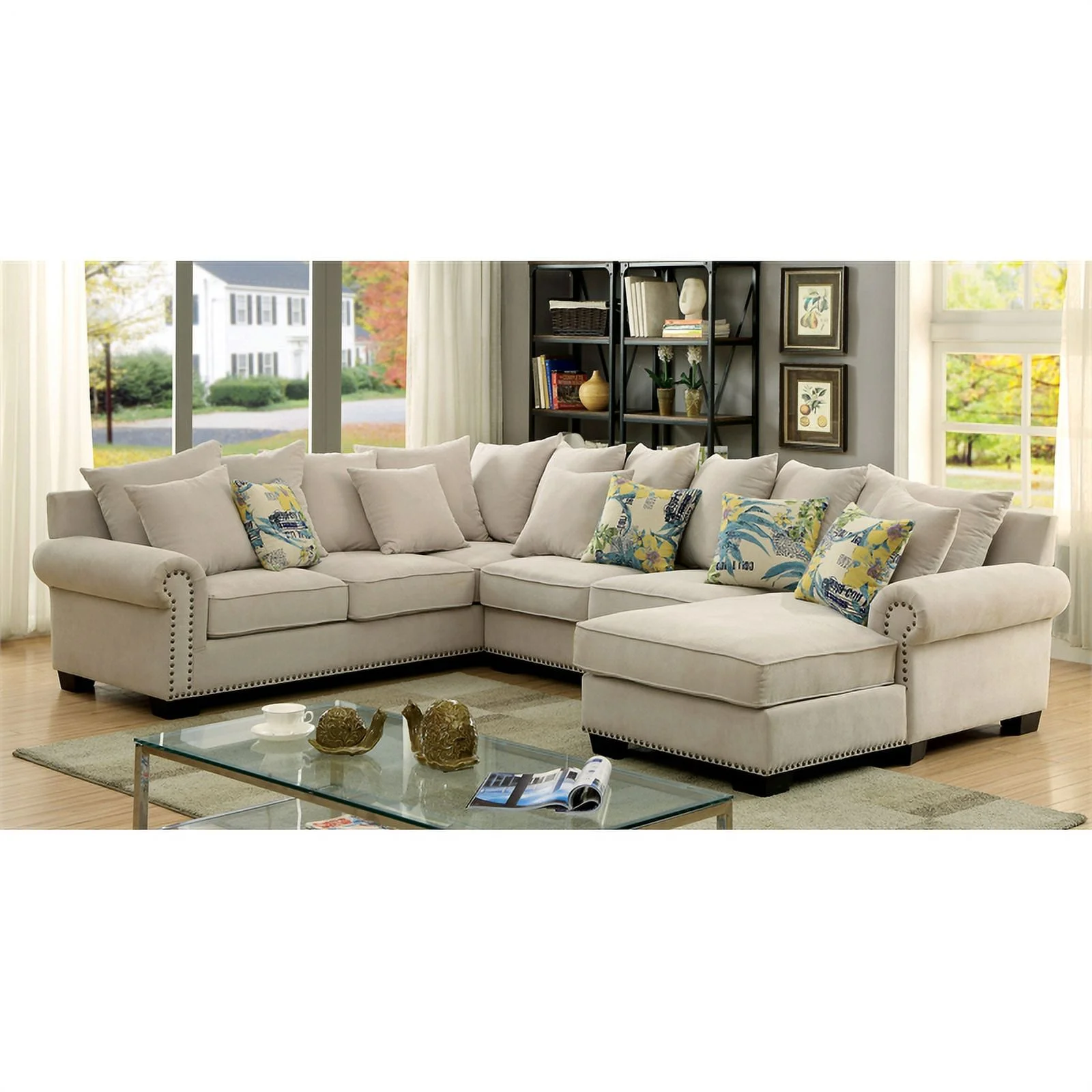 Furniture of America Ellington Fabric Nailhead Armless Accent Chair in Beige