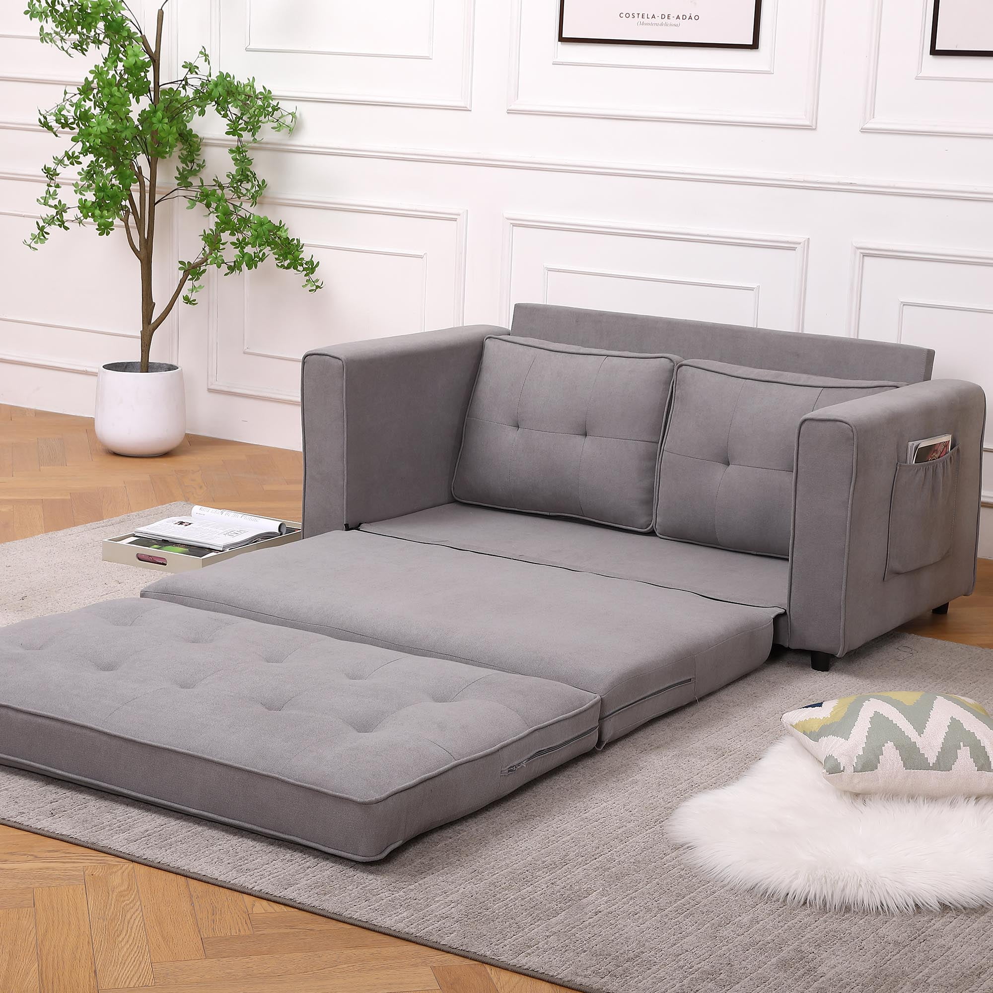 3-in-1 Upholstered Futon Sofa Convertible Floor Sofa bed,Foldable Tufted Loveseat with Pull Out Sleeper Couch Bed
