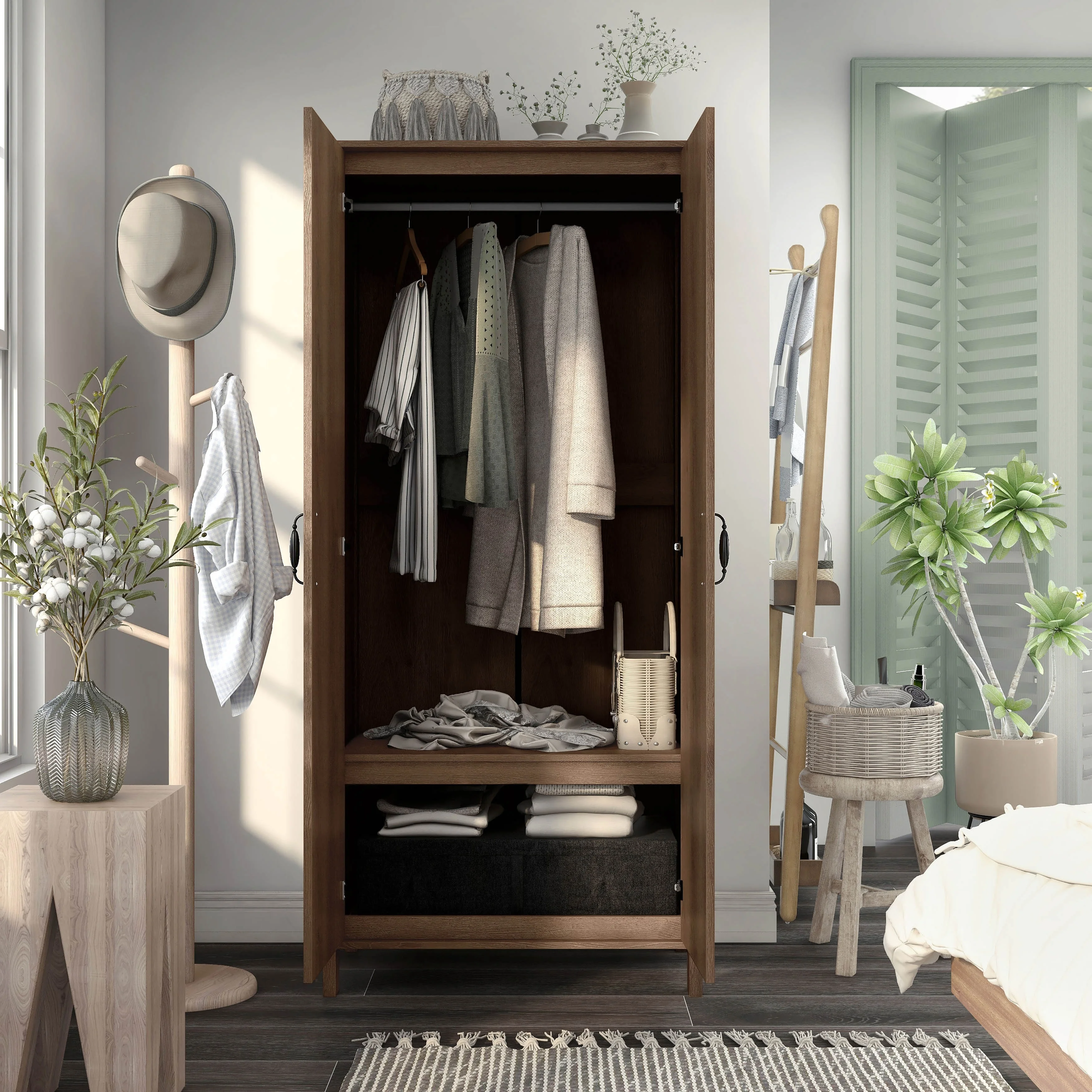 Denhour DH BASIC Rustic Distressed Walnut Double-door Wardrobe Closet with Shelves by