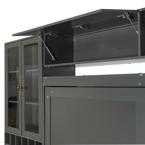 Queen Size Murphy Bed with Sofa, Shelves, USB & Light, Can be Folded Wall Bed and Tall Cabinet with Glass Doors& Wine Rack