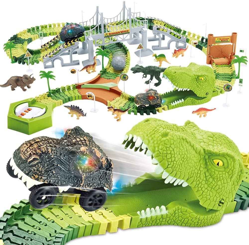 174 PCS Dinosaur Toys Race Track, Flexible Train Tracks with 8 Dinosaurs Figures