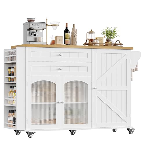 FINETONES Kitchen Island with Storage, Rolling Kitchen Island on Wheels with Wood Drop Leaf Countertop