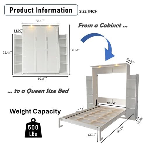 Queen Size Murphy Bed with Desk & Charging Station,Wall Bed Frame Folding into Cabinet Design w/LED & Storage Shelf for Small Space,Bedroom