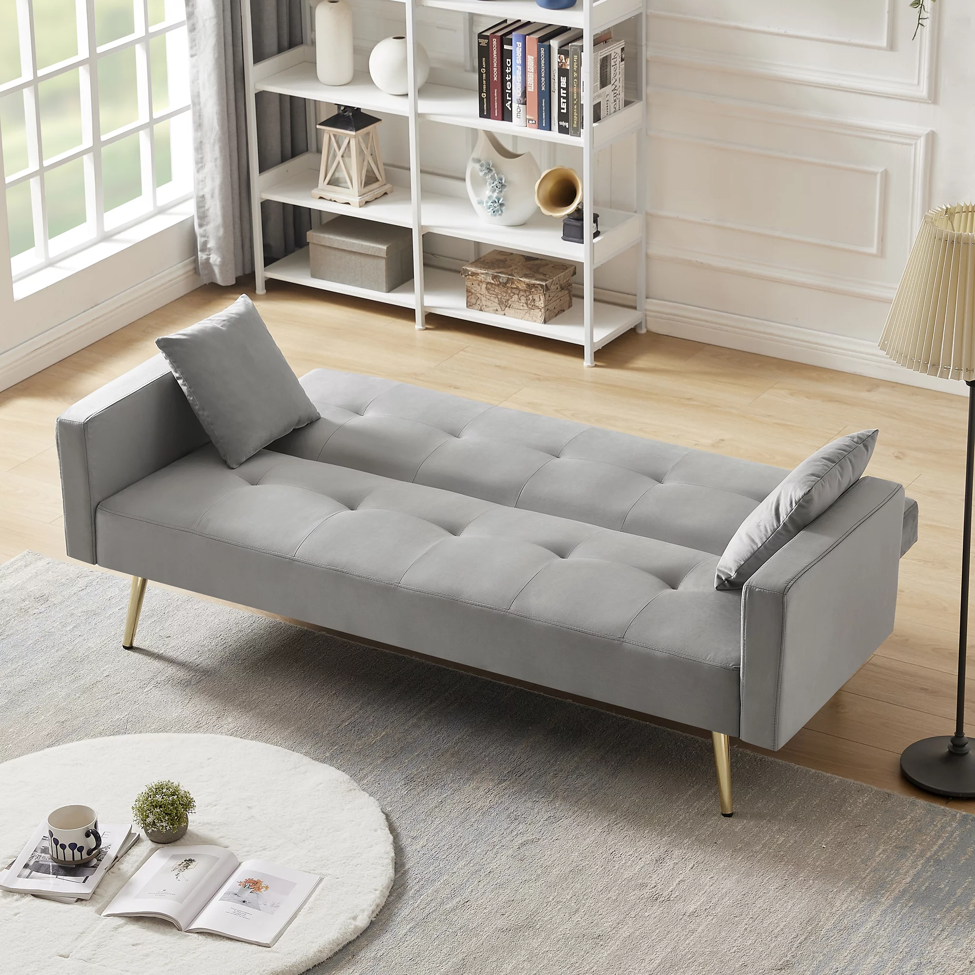 GREY Velvet Convertible Folding Futon Sofa Bed , Sleeper Sofa Couch for Compact Living Space.