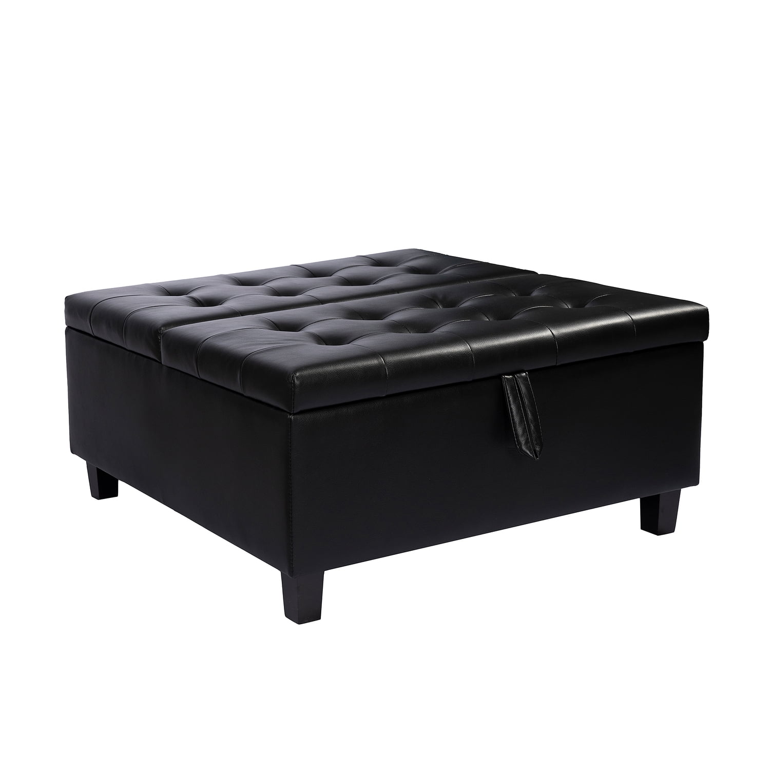 Ciara 35-Inch Air Leather Tufted Upholstered Lift-Top Ottoman Bench, Large Square Storage Coffee Table for Living Room Black