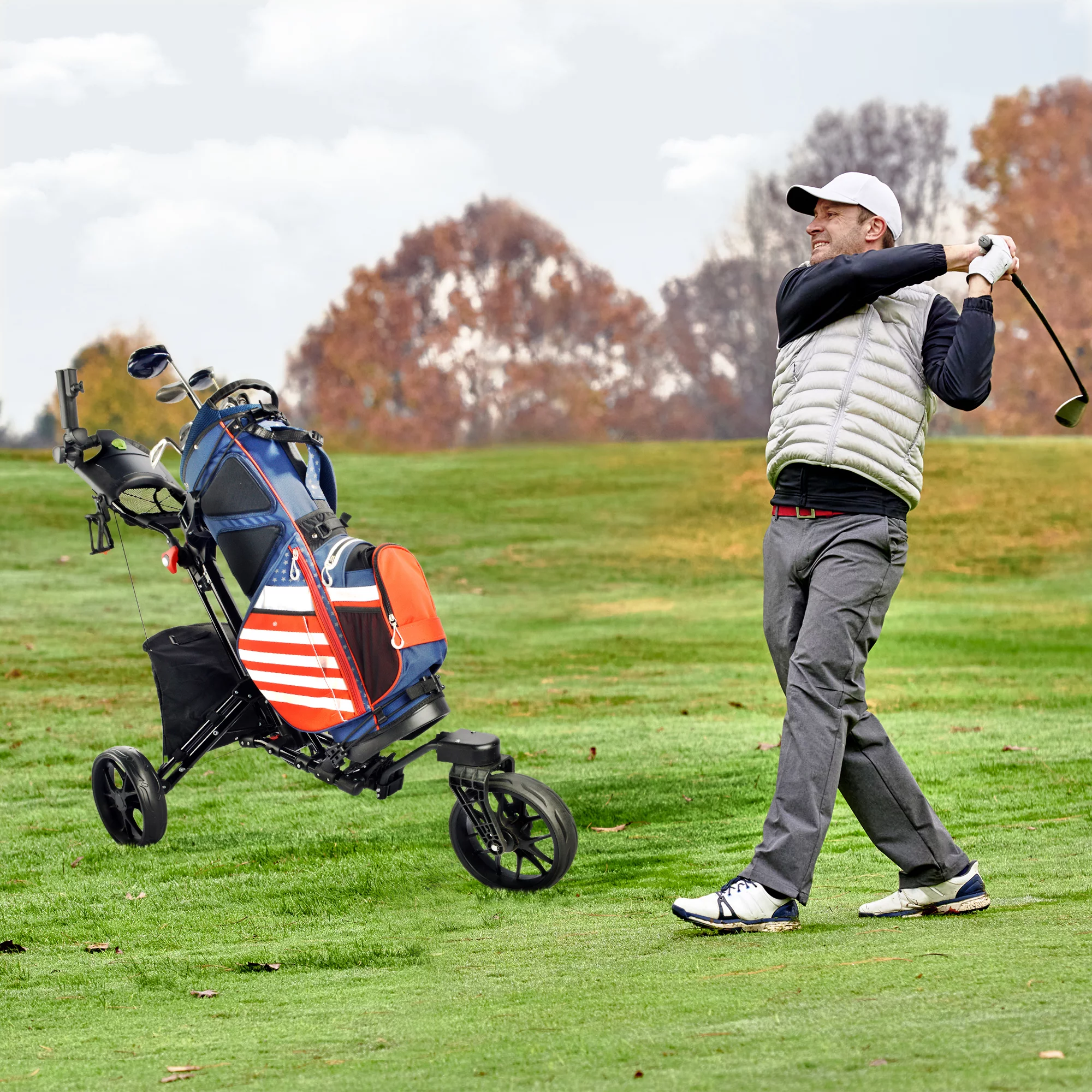 BOBOPRO Universal Wheel Golf Push Cart with Footbrake, Bottle Holder, Umbrella Stand, Cooler Bag,Balck - Curated Treasures Market