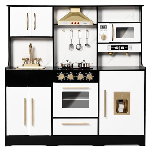 Kinder King Wooden Kids Play Kitchen, Toy Kitchen Playset for Toddler, Play Kitchen Set w/Real Sounds, Pretend Coffee Machine, Kitchen Hood, Sink