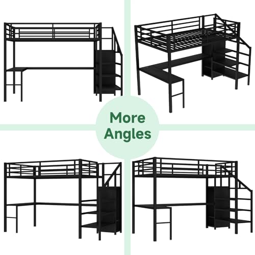 Queen Size Metal Loft Bed with L Shaped Desk and Wardrobe, Heavy Duty Loft Bed Frame with Storage Stairs, High Loft Bed Frame with LED