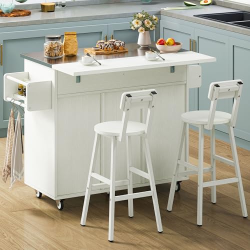 DWVO Kitchen Island on Wheels, Mobile Kitchen Island Cart with Folding Drop Leaf Breakfast Bar, Island Table for Kitchen with Large Storage Cabinets