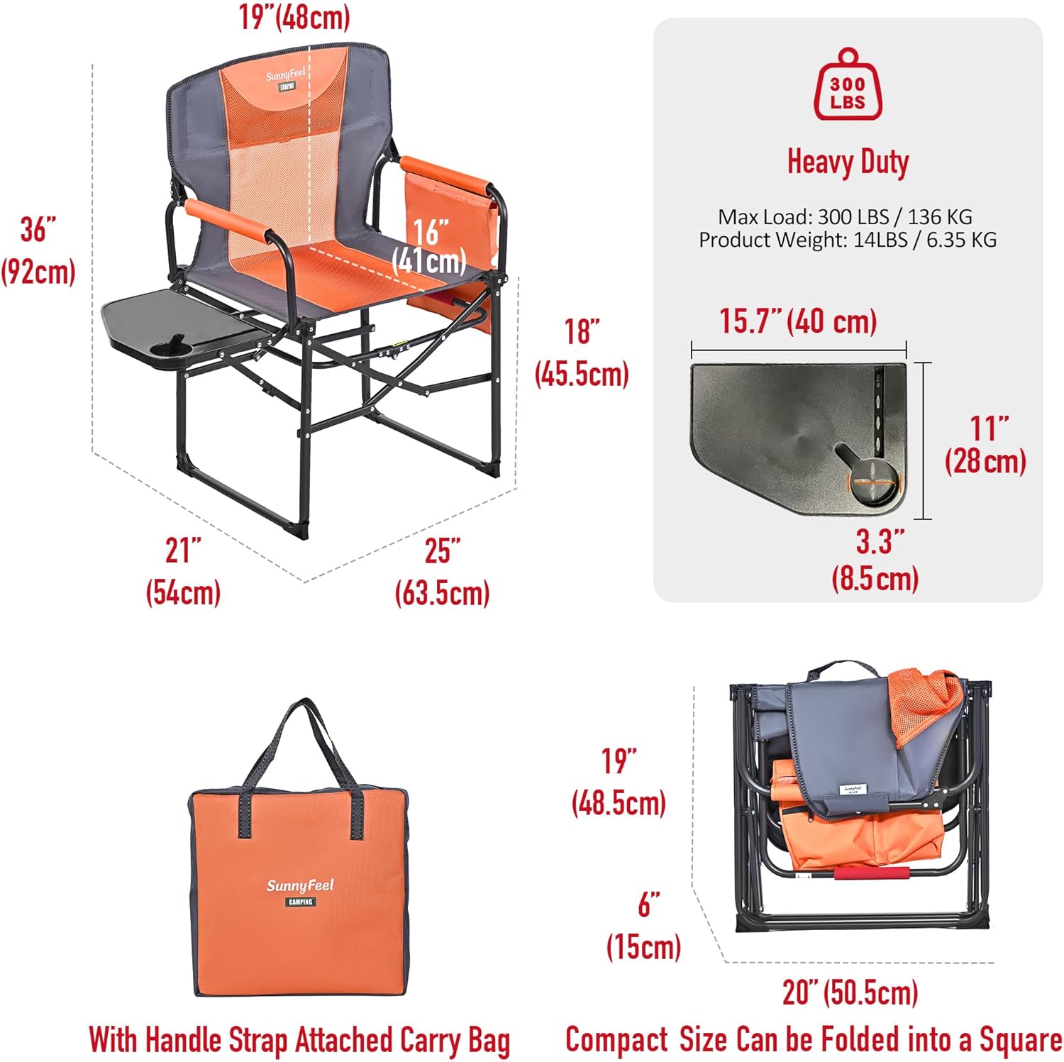 SUNNYFEEL Camping Directors Chair 2 Pack with Aluminum Outdoor Folding Table, Oversized Portable Folding Chair with Pocket for Beach, Fishing,Trip
