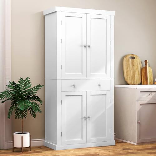 72” Pantry Cabinet, Kitchen Pantry Cabinet with 6 Doors Shelves & 1 Drawer, Kitchen Cabinets with 4 Door for Dinging Room, Living Room, White