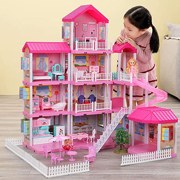 Dollhouse with Dollhouse Furniture and Dolls Dream Doll House for Little Girls 5 Year Olds 1:12 Scale for Kids Pretend Play Doll House Toy Playset