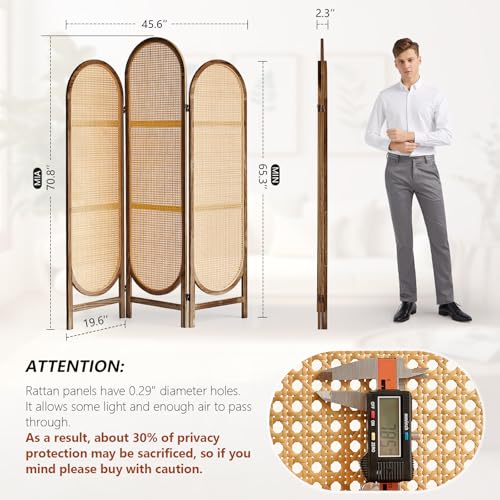 5.9 Ft Tall Hand-Woven Rattan Room Divider 3 Panels, Wood Room Divider Panel, Folding Screen Divider Wall, Wall Divider for Room Separation