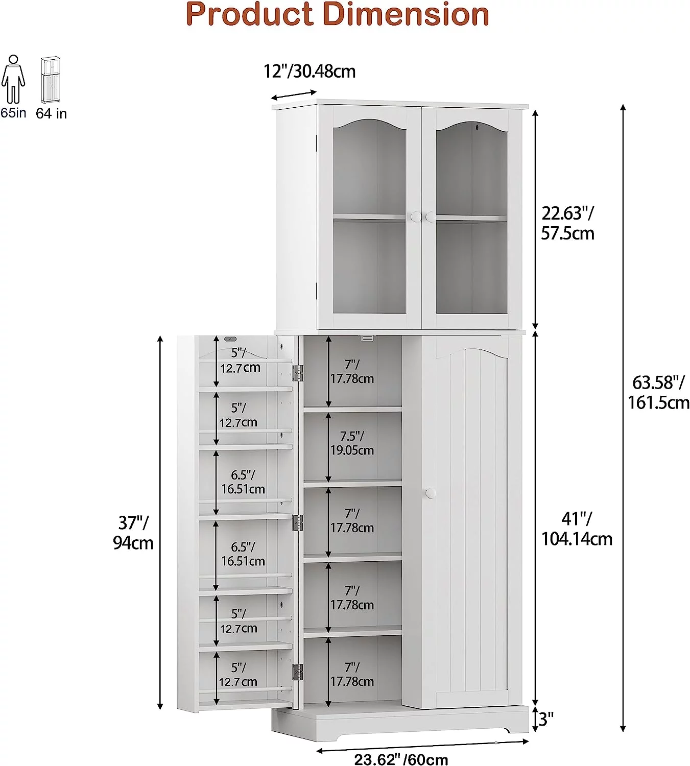 HOMEFORT 64" Kitchen Pantry Cabinet, Modern Tall Cabinet with MDF board and Adjustable Shelves