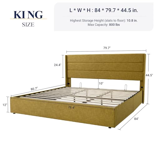 Allewie Full Size Lift Up Storage Bed, Modern Wingback Headboard, Hydraulic Support, No Box Spring Needed, Light Beige