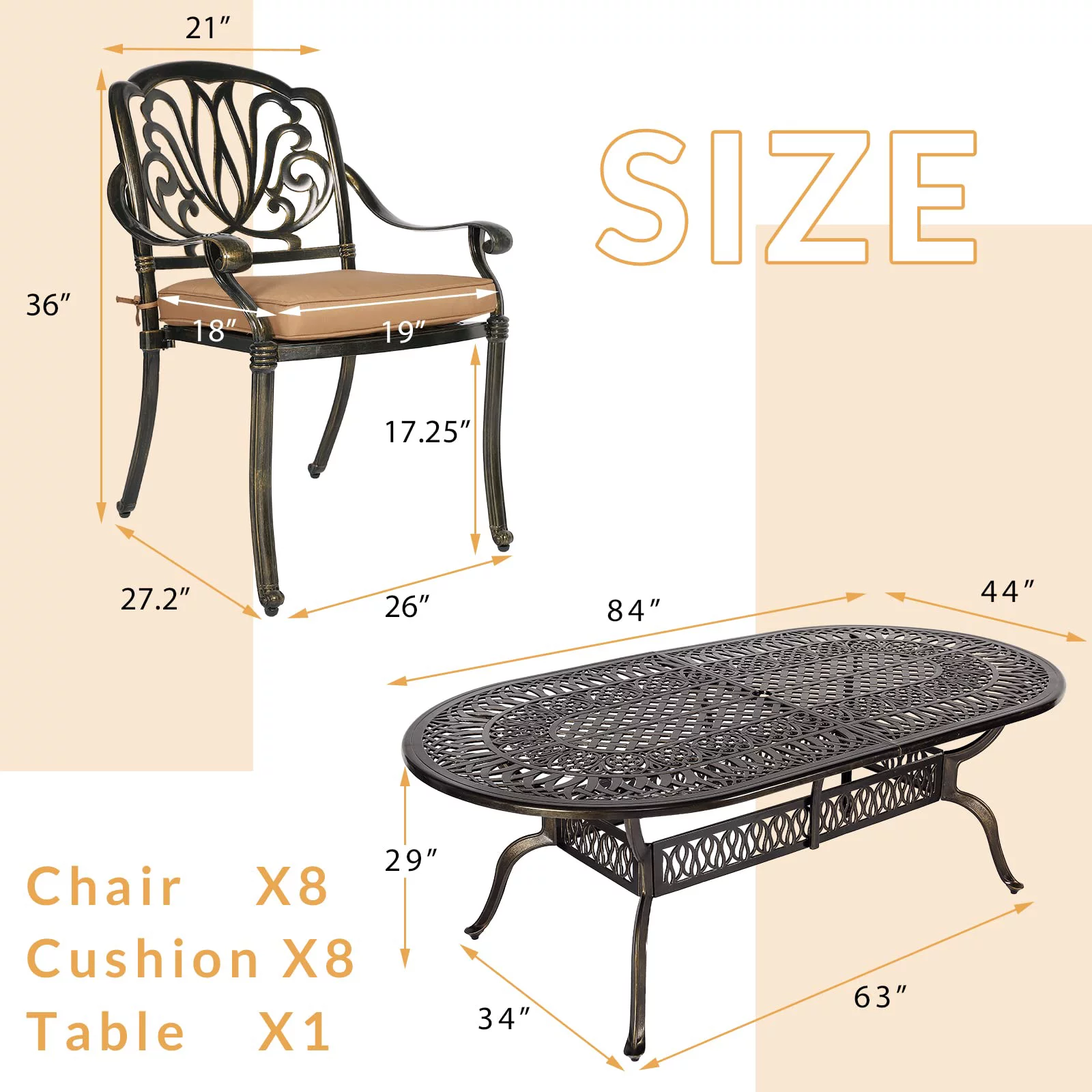 W WARMHOL 9-Piece Patio Dining Set, Outdoor Patio Set of 83.8" Oval Cast Aluminum Dining Table with Umbrella Hole and 8 Outdoor Dining Cushion Chairs