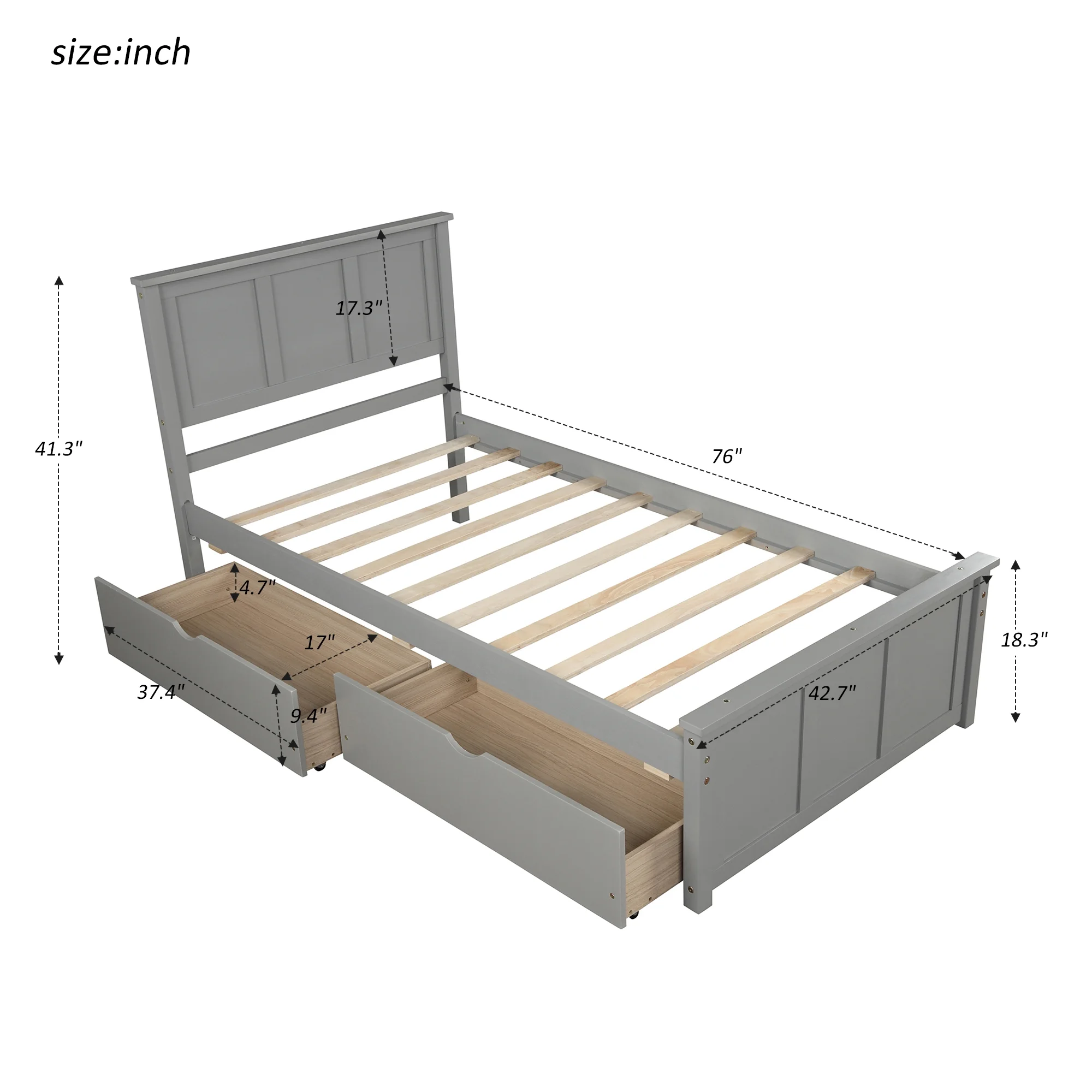 Platform Bed with Storage, Twin Size Bed Frame No Box Spring Needed, Wood Platform Beds with Headboard and Two Drawers