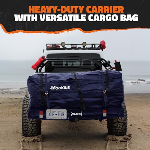 Mockins 60"x30"x6" Navy Folding Cargo Hitch Carrier & 30 CuFt Trailer Hitch Cargo Carrier Bag | 500Lbs Cap Folding Luggage Rack with Waterproof