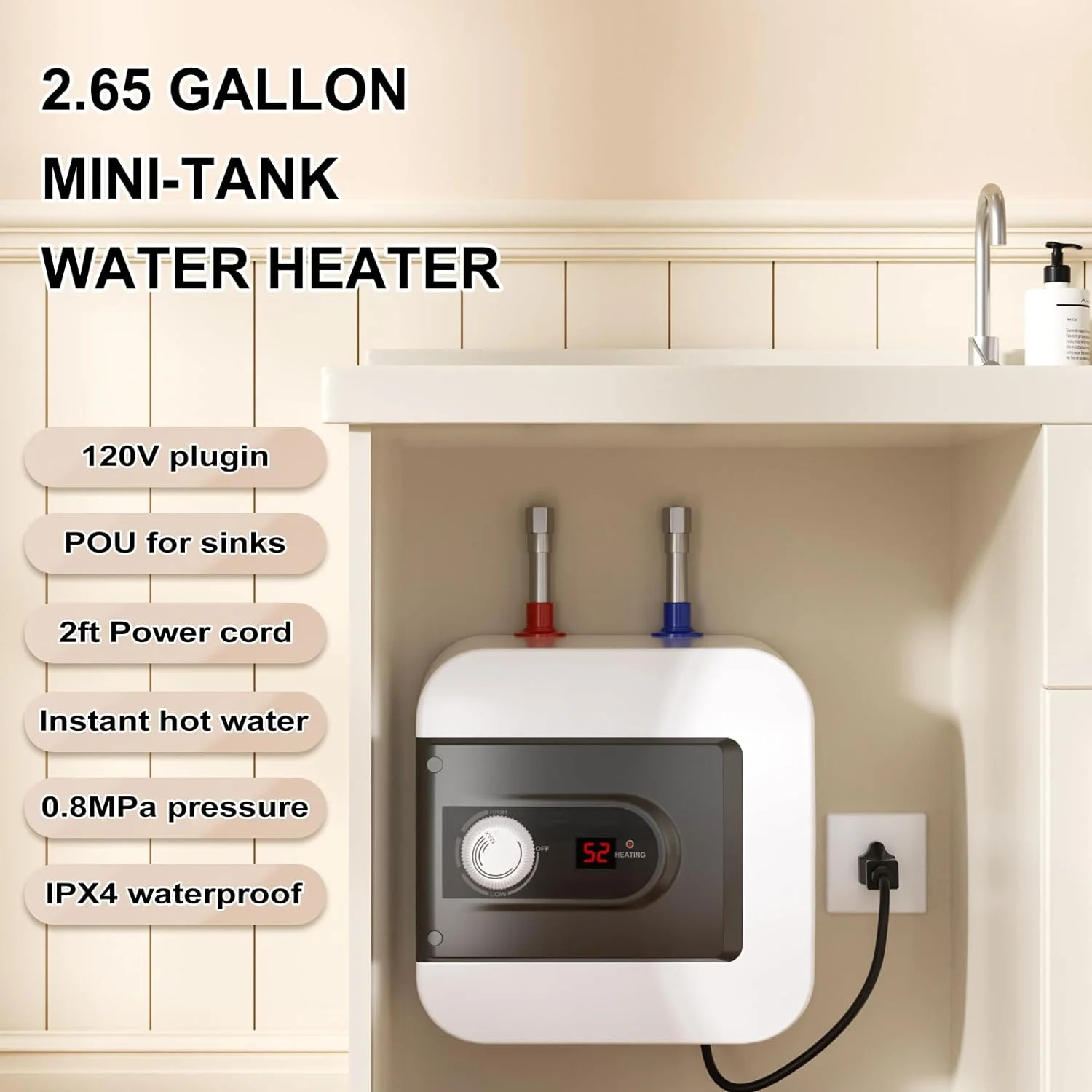 JIAH Eletric Mini-Tank Water Heater Tank,4 Gallon Point of Use Instant Hot Water Heater with Water Tank Storage
