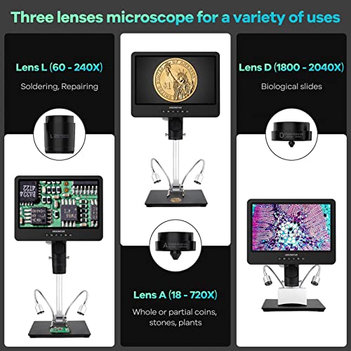 Andonstar AD249S-M 10.1 Inch HDMI Digital Microscope 2000x for Adults, 3 Lens 2160P UHD Video Record, Soldering Microscope for Electronics Repair