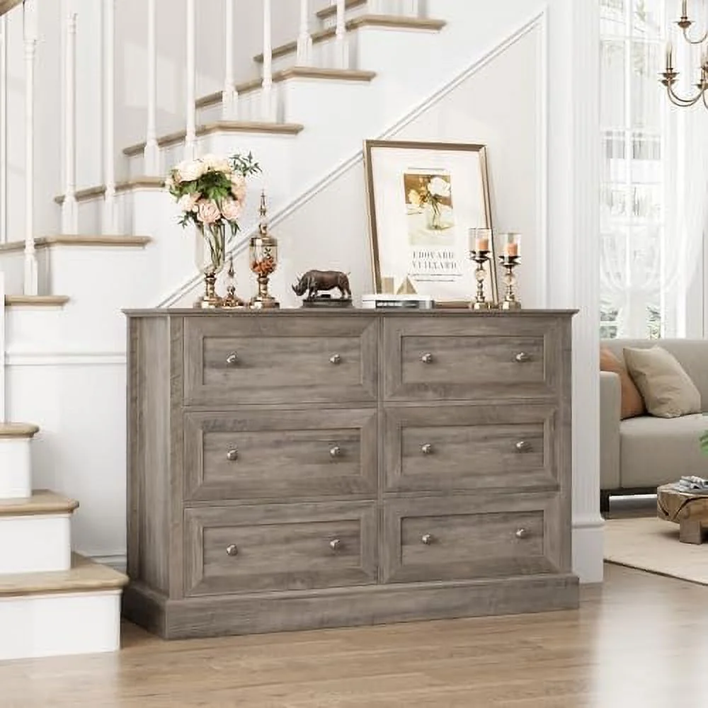 6 Drawer Double Dresser  Wood Dresser Chest  Wide Chest of Drawers with Deep Drawers &amp; Mental Double Handles for Hallway Living Room  Wash Gray