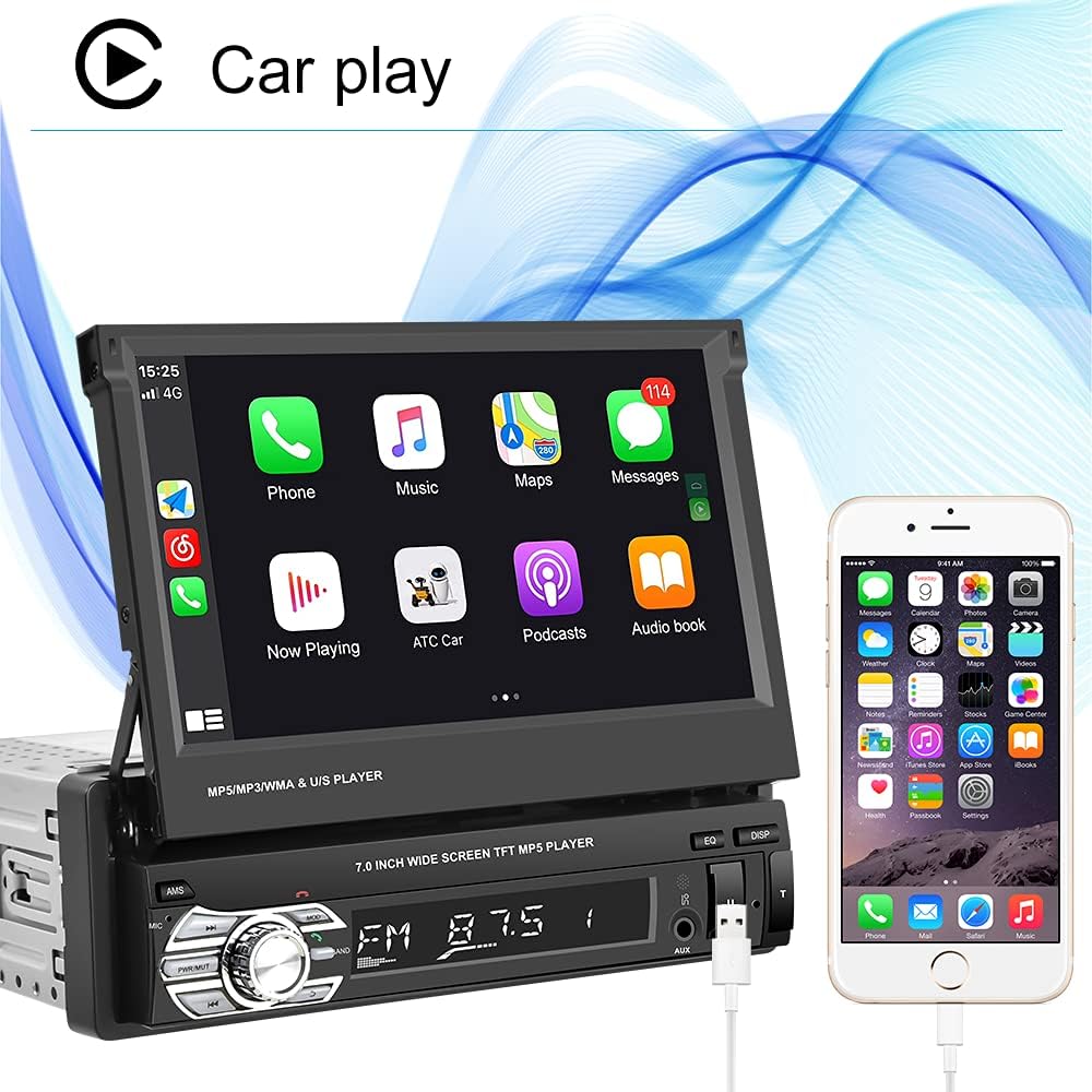 Single Din Car Stereo with CarPlay ,EKAT 7 Inch Flip Out Touchscreen Car Radio Receicer Supports Bluetooth FM Mirror Link for Android/iOS