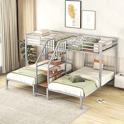 Versatility Full-Over-Twin-Twin Bunk Bed with Wardrobe and Mirror, Solid Wood Triple Bunk Bed Frame with Safety Guardrail and Built-in Shelves