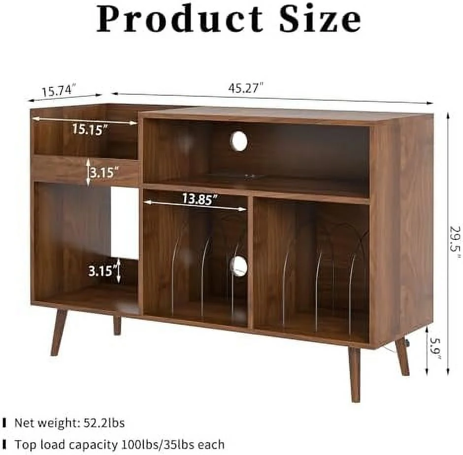 TJBOLIFE Mid-Century Record Player Stand with  Vinyl Record Cabinet Record Player Table with Power Outlet Turntable Stand Large Record Holder Holds