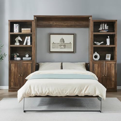 MERITLINE Queen Size Murphy Bed with Storage Bookcase Shelves,Cabinet and Charging Station,Wood Folding White Murphy Wall Bed