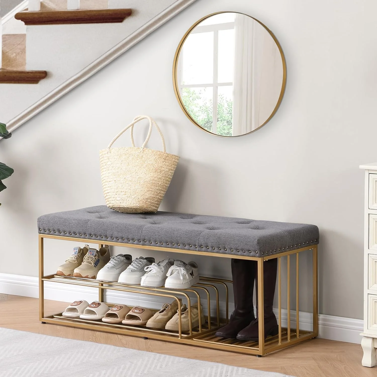 YGDU End of Bed Bench-Upholstered Entry Shoe Storage with Nailhead Trim,Black Mental Frame Ottoman Bench for Bedroom Entry Window Mudroom Living Room