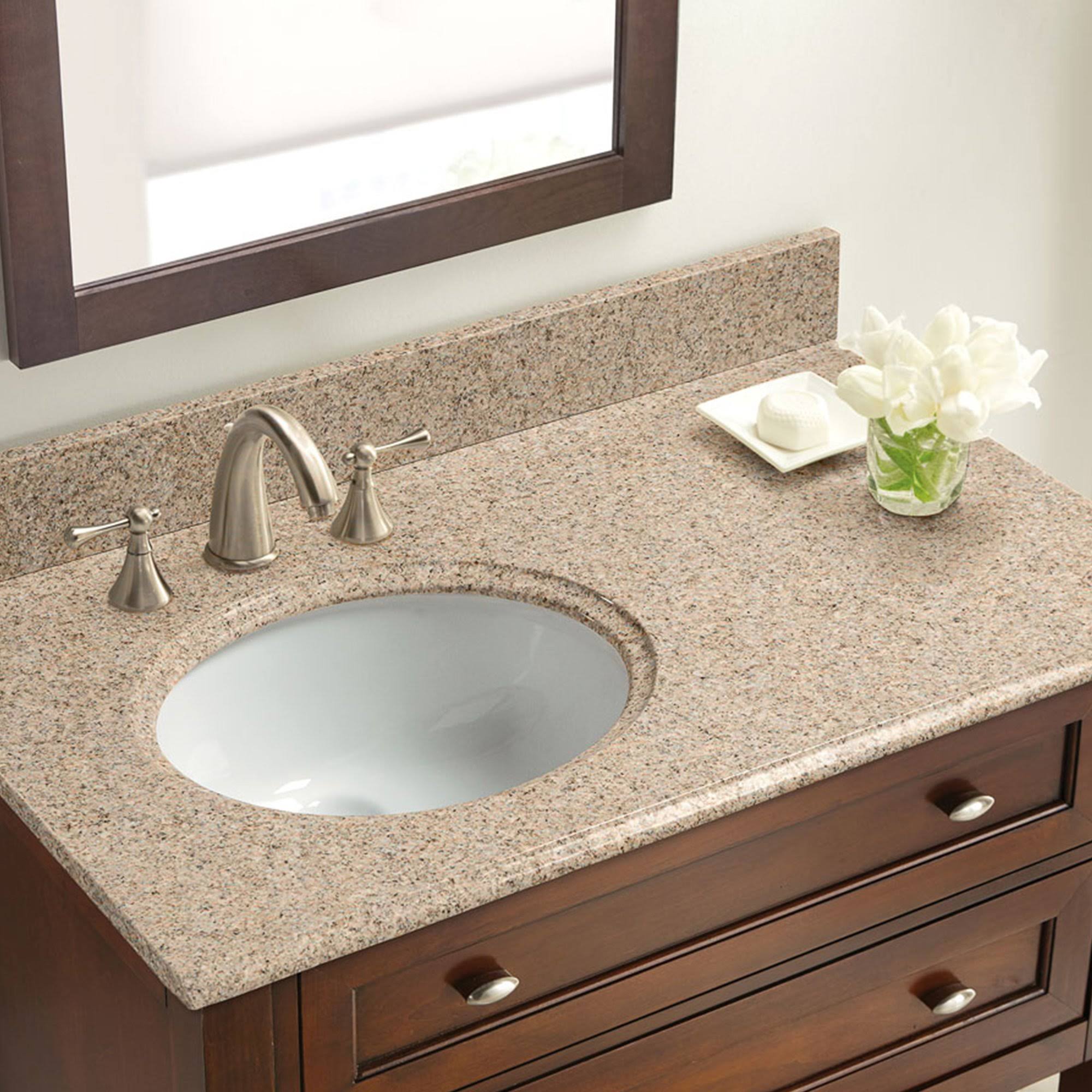 Cahaba CAVT0136 37x22 x 22x22 Beige Granite Left Offset Basin Vanity Top u0026 8x22 Spread