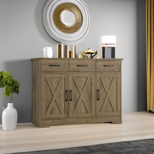 HOSTACK Modern Farmhouse Sideboard Buffet Cabinet, Barn Doors Buffet Storage Cabinet with Drawers and Shelves