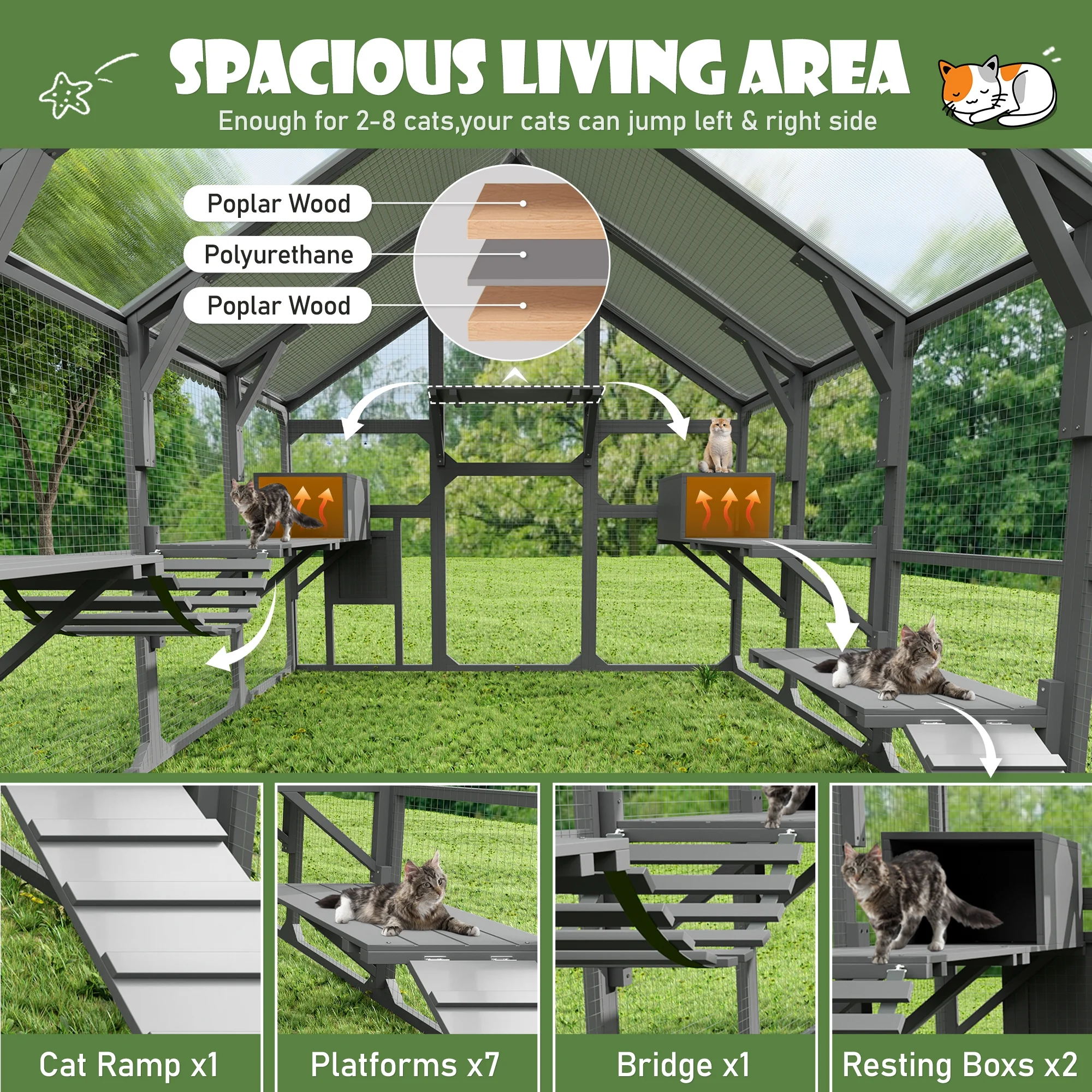 Montary Catio Outdoor Cat Enclosure with Window Access, 4-Tier Cat House with Wheels, Waterproof Roof &amp; Resting Box, Large Gray Cage