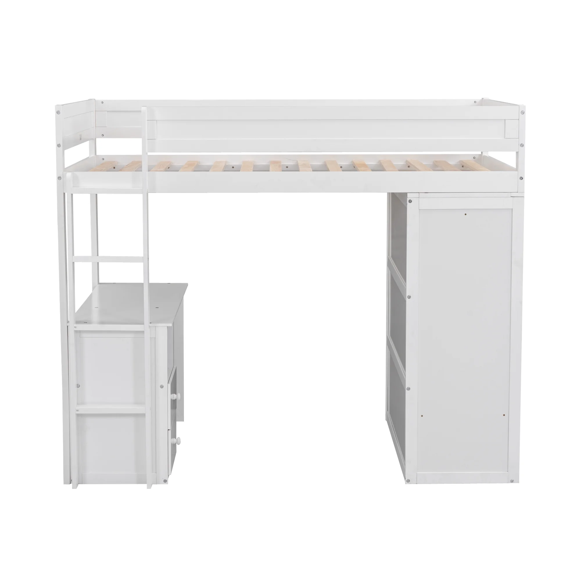 Twin Wood Loft Bed with Wardrobes and 2-Drawer Desk with Cabinet, Loft Twin Bed with Desk for Teenagers, Multiple Functions Bed