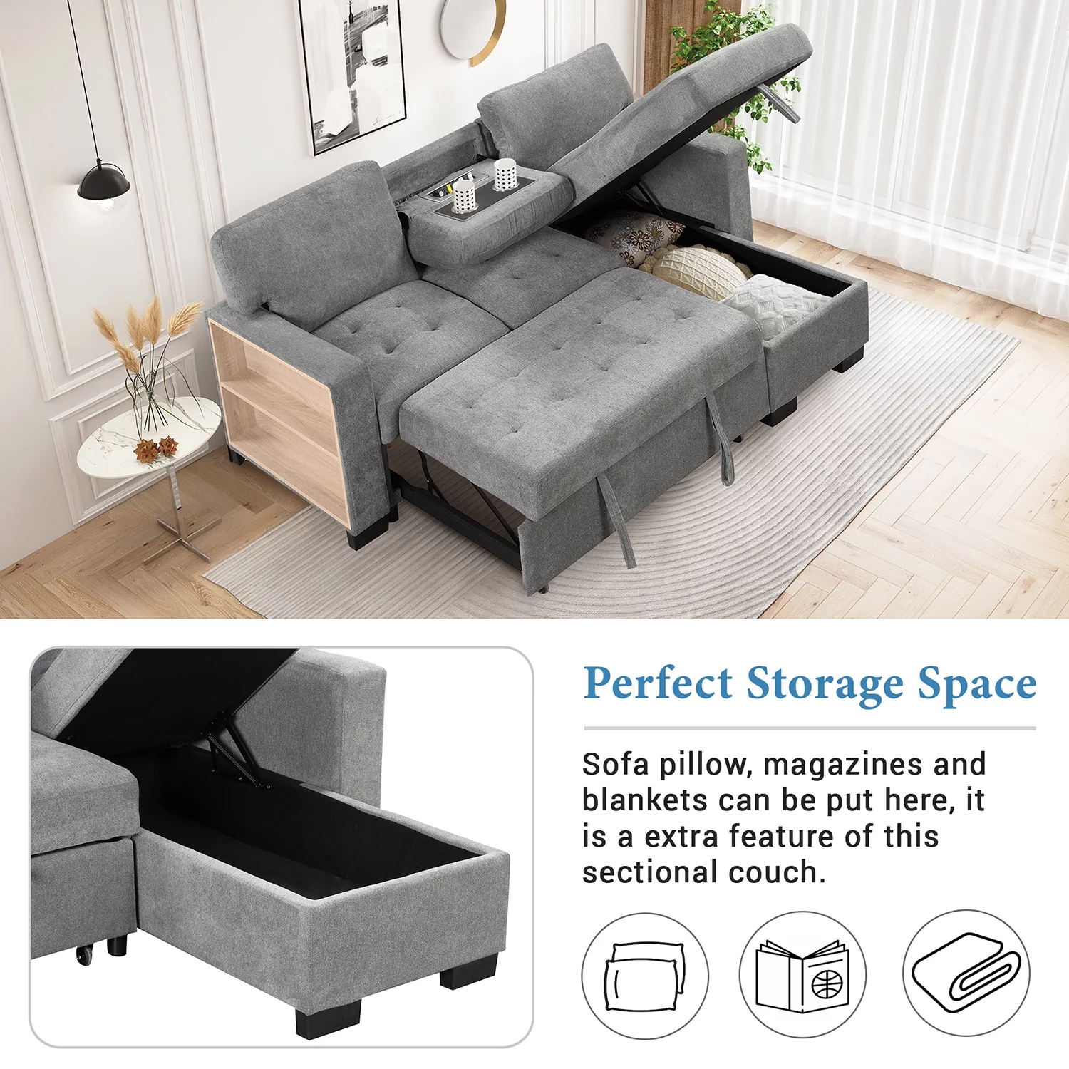 Churanty Functional Sectional Pull Out Sofa Bed with Storage L Shaped Corner Sofa Couch with Drop Down Table and USB Charger for Small Apartment,Gray