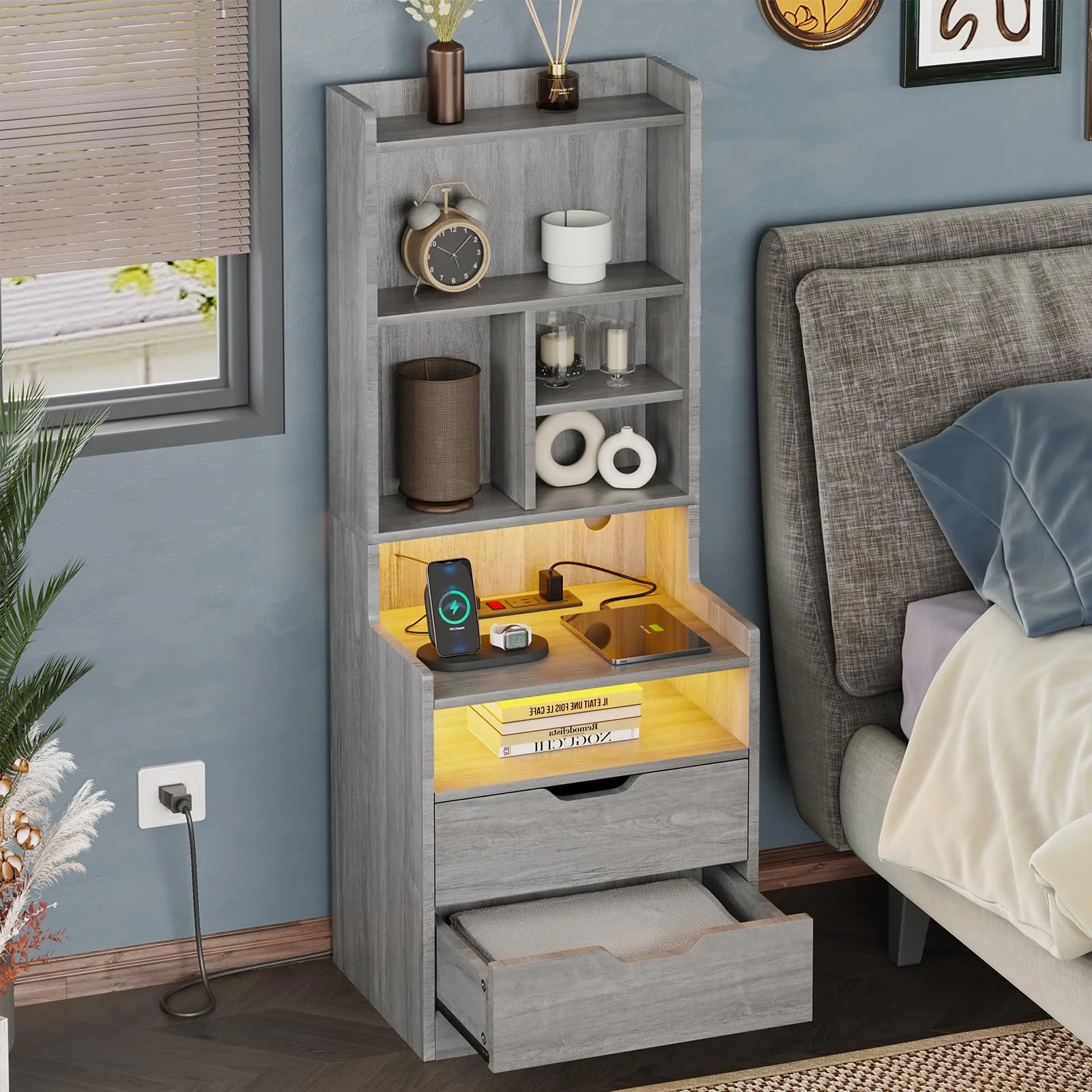 Set of 2 LED Nightstand with Charging Station for Bedroom, Gray Night Stand End Side Table with 2 Drawers&LED Lights for Living Room