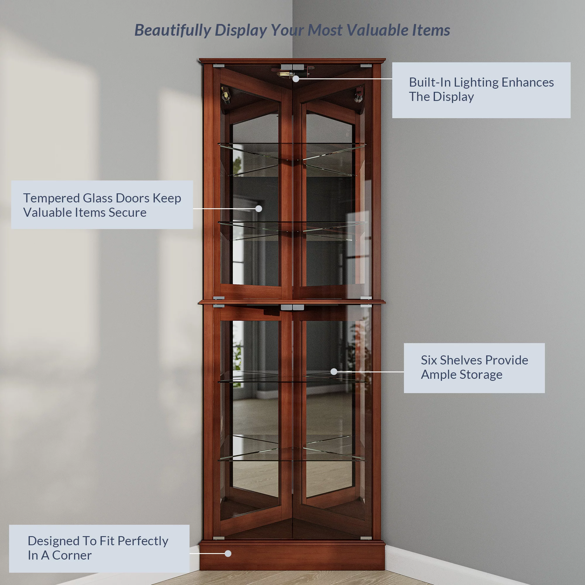 BELLEZE Woody Lighted Corner Curio Cabinet Tempered Glass Door 6 Shelves, Walnut