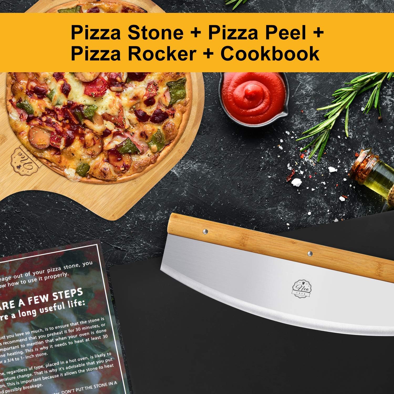 NeoCasa Black Cordierite Ceramic Coated Pizza Stone Pan Set with Bamboo Pizza Peel & Pizza Cutter - Baking Stones for Oven, Grill & BBQ