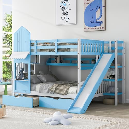 Kids Bunk Bed with Stairs and Slide, Wood Twin Over Twin Bunk Bed with Storage Drawers and Shelves, Castle Style Bunk Beds for Kids Teens Girls Boys