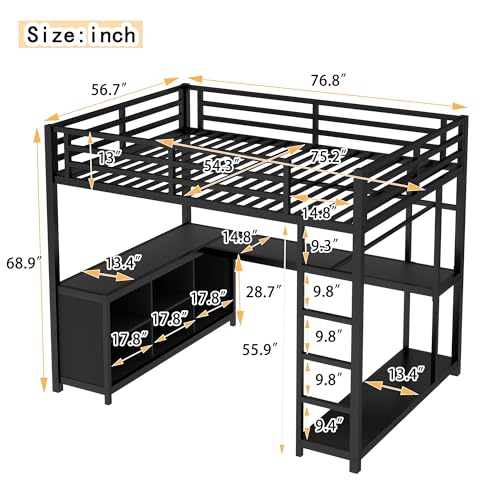 Bellemave Queen Size loft Bed with L Desk, Wardrobe, Metal Queen Loft Bed Frame for Adults, Kids, Teens, Black