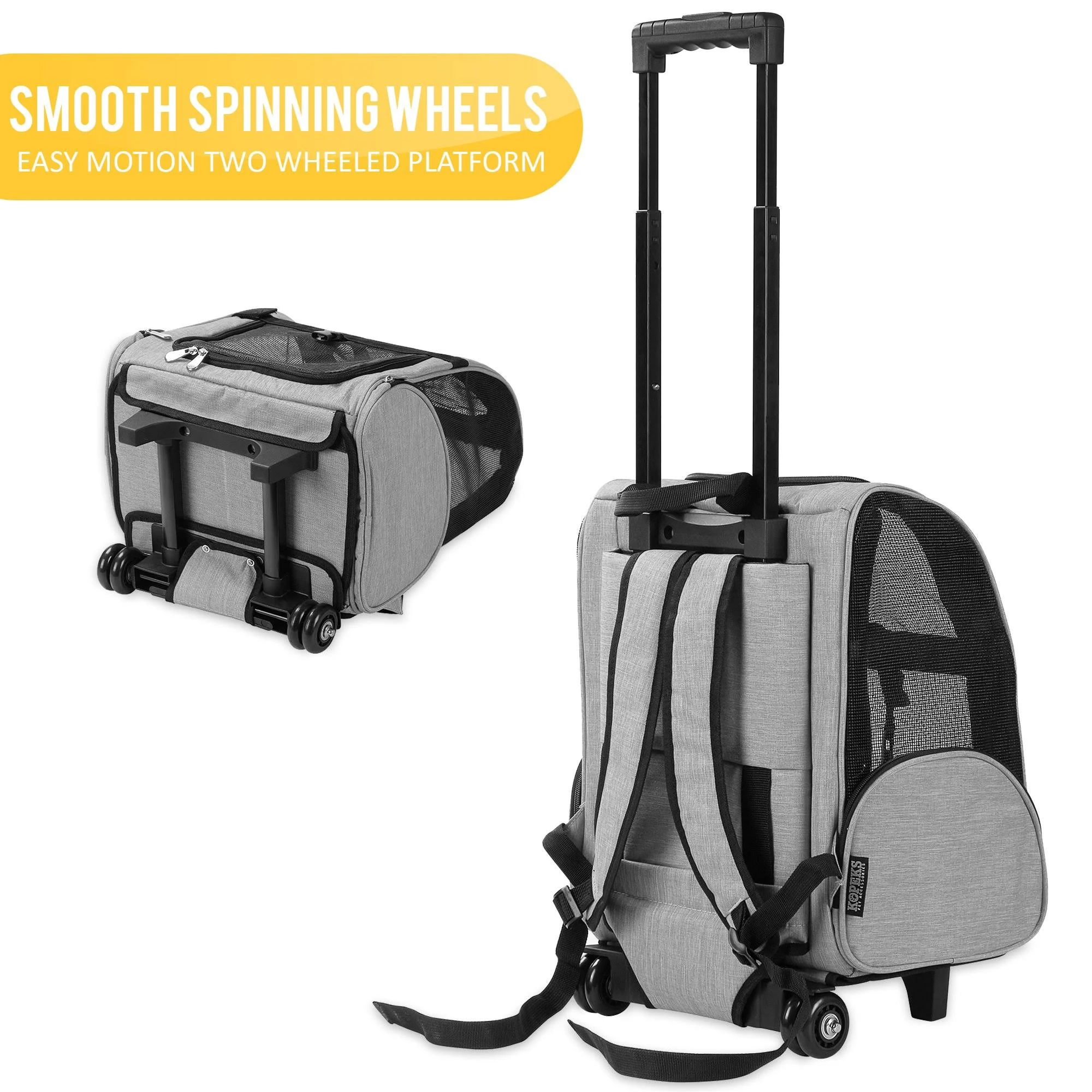 Kopeks Pet Dog Travel Carrier Backpack Deluxe with Wheels Approved by Most Airlines - Heather Grey